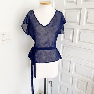Tulle Navy Blue & Black Polka Dot Sheer Top Shirt w/Belt V-Neck Size Large